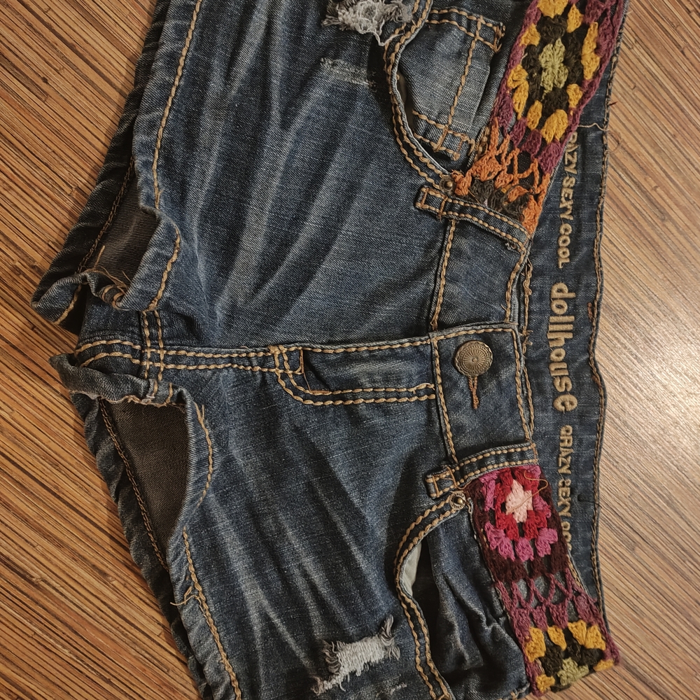 Dollhouse Blue Jean Shorts with Colorful Crochet Waistband